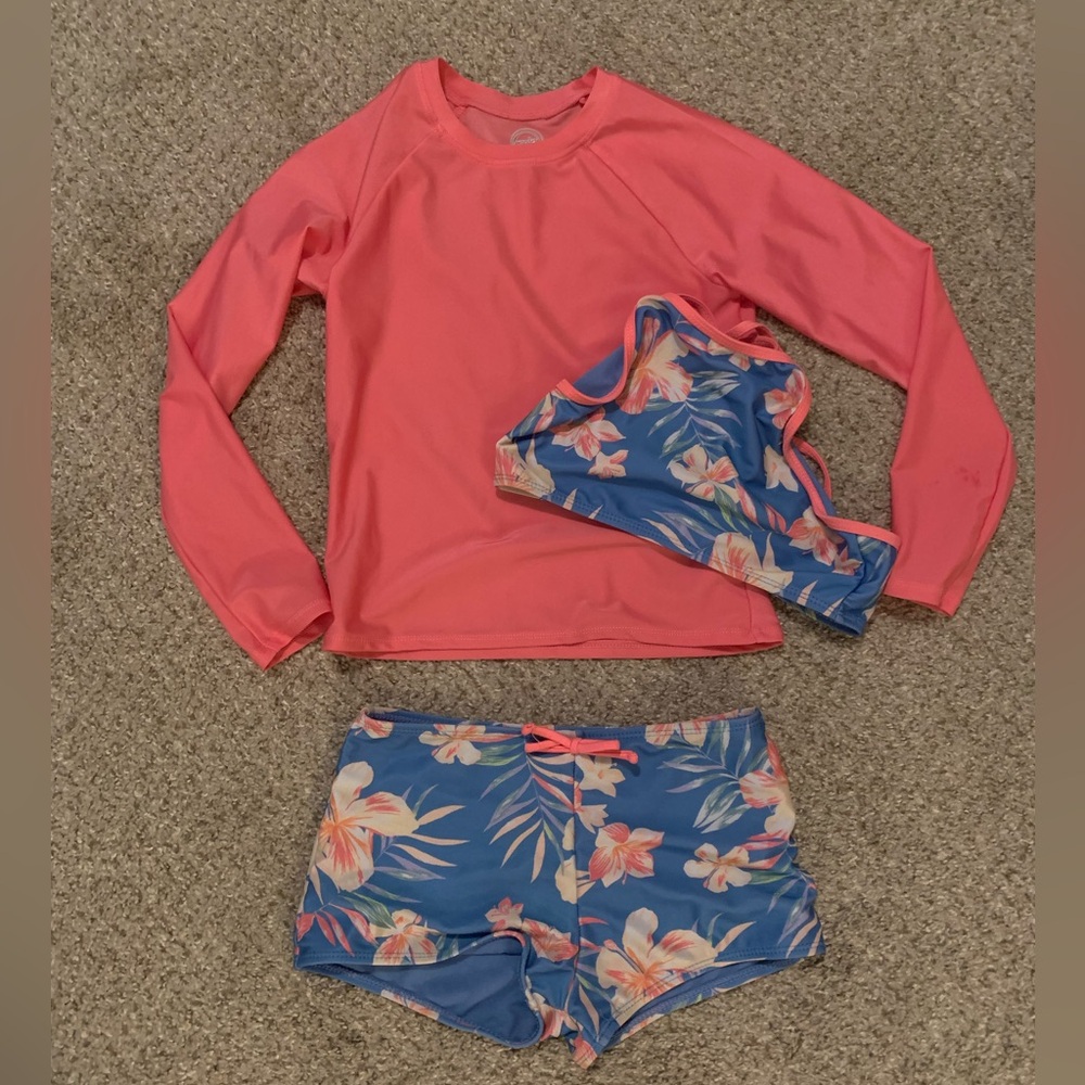 3 Piece Kids Swim Set - Pink and Blue Floral - Rash Guard